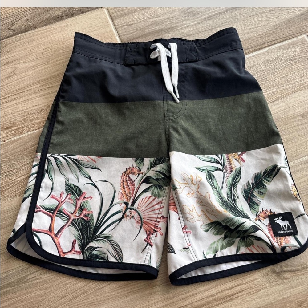 Abercrombie Kids Black and Green Tropical Swim Trunks
